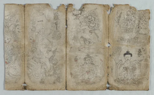 Iconographic Drawings: Vaishravana, Yama, Ushnishavijaya, Chunda (?), and Buddha (recto) by Unknown, drawing, 1495-1505