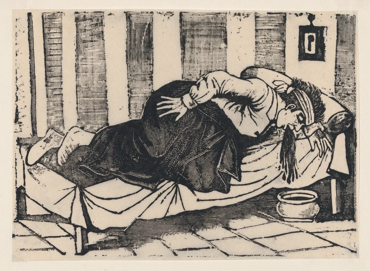 A man leaning over the side of a bed vomiting, from a broadside entitled 'Death of Aurelio Caballero due to yellow fever in Veracruz' by José Guadalupe Posada, print, 1892