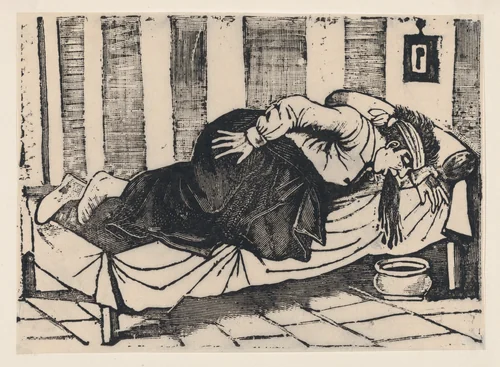 A man leaning over the side of a bed vomiting, from a broadside entitled 'Death of Aurelio Caballero due to yellow fever in Veracruz' by José Guadalupe Posada, print, 1892