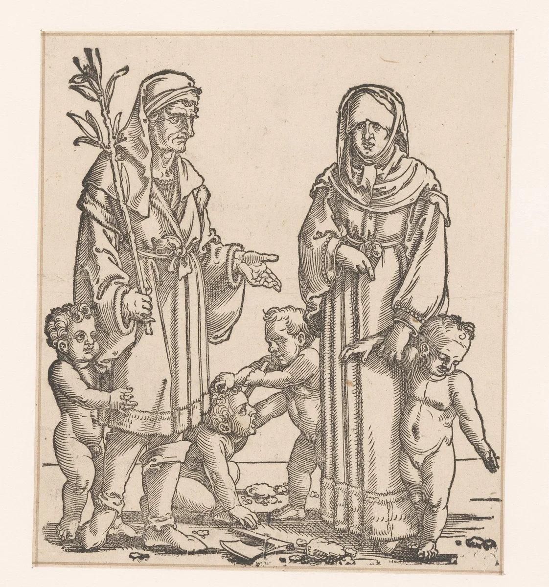 Henoch met zijn vrouw en kinderen by anonymous, print, 1530