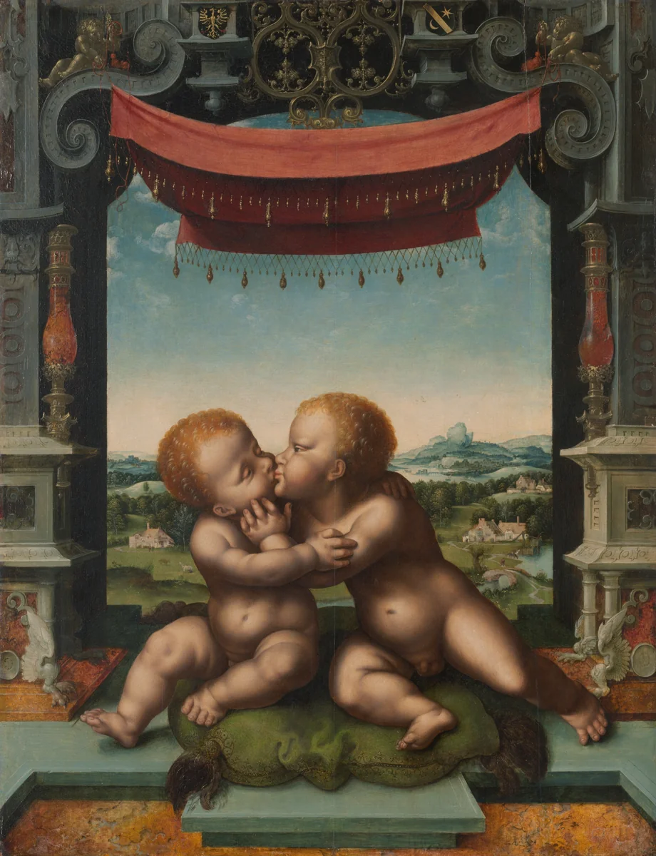 The Infants Jesus Christ and Saint John the Baptist Embracing by Joos van Cleve, painting, 1520-1525