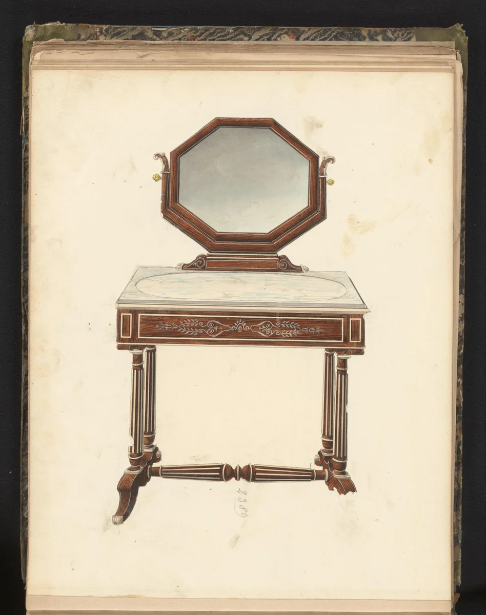 Ontwerp voor toilettafel met achthoekige spiegel by anonymous, drawing, 1825-1839