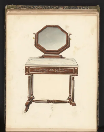Ontwerp voor toilettafel met achthoekige spiegel by anonymous, drawing, 1825-1839
