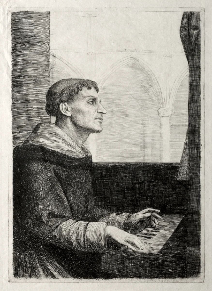 The Monk at the Organ by Alphonse Legros, print, 1870