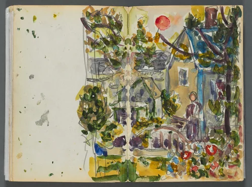 Sketchbook- The Granite Shore Hotel, Rockport, page 158 & 159: House and Garden by Maurice Prendergast, book, 1905-1910