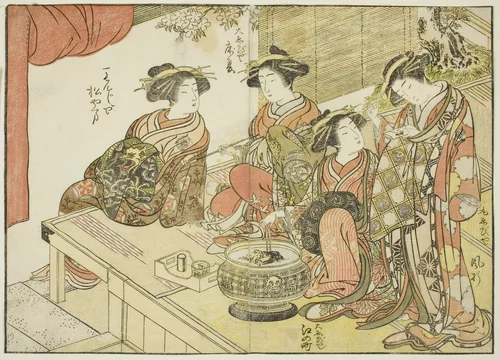 Four courtesans of various houses, from the book "Mirror of Beautiful Women of the Pleasure Quarters (Seiro bijin awase sugata kagami)," vol. 3 by Katsukawa Shunsho (勝川 春章), print, 1776