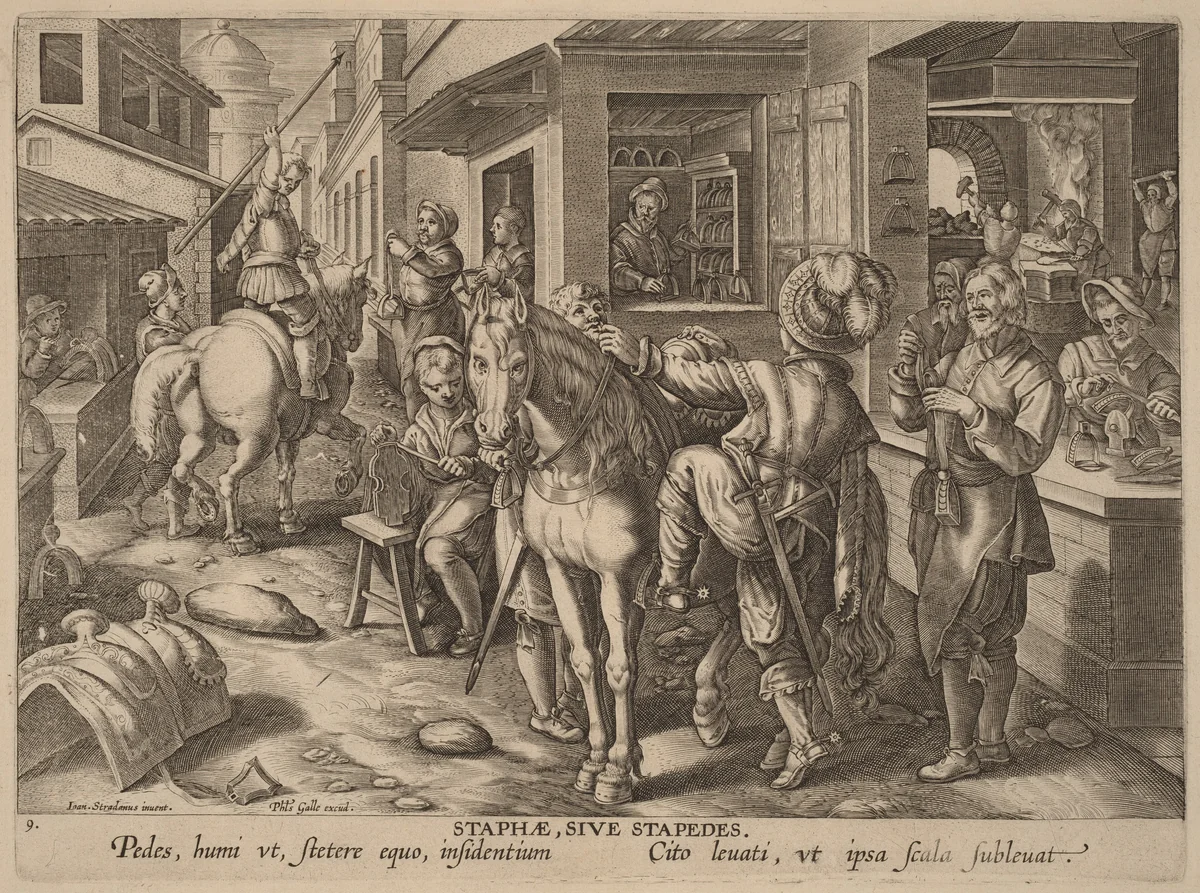 Staphae, Sive Stapedes (Stirrups, or Foot Rests) by Philip Galle, print, 1585-1595