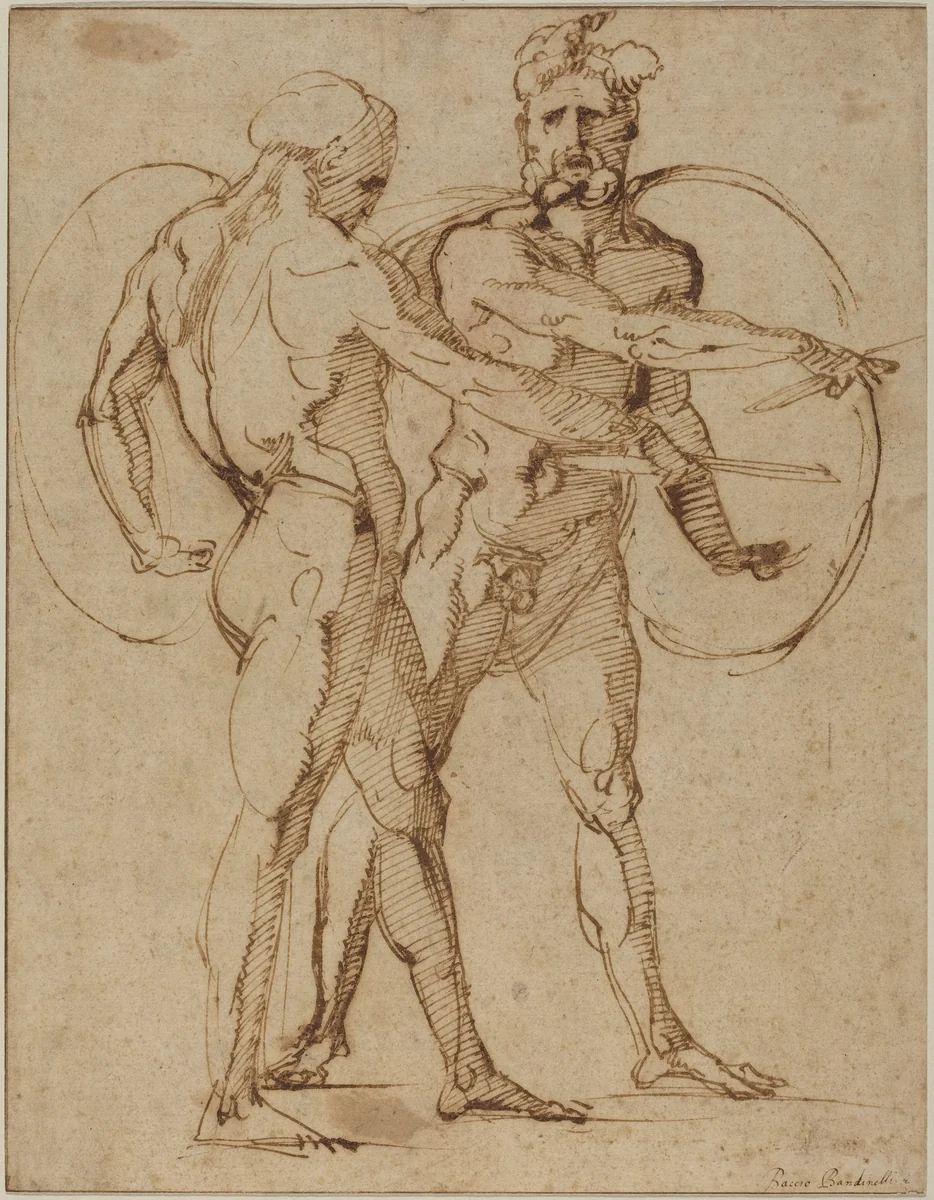 Two Male Nudes by Baccio Bandinelli, drawing, 1520-1521