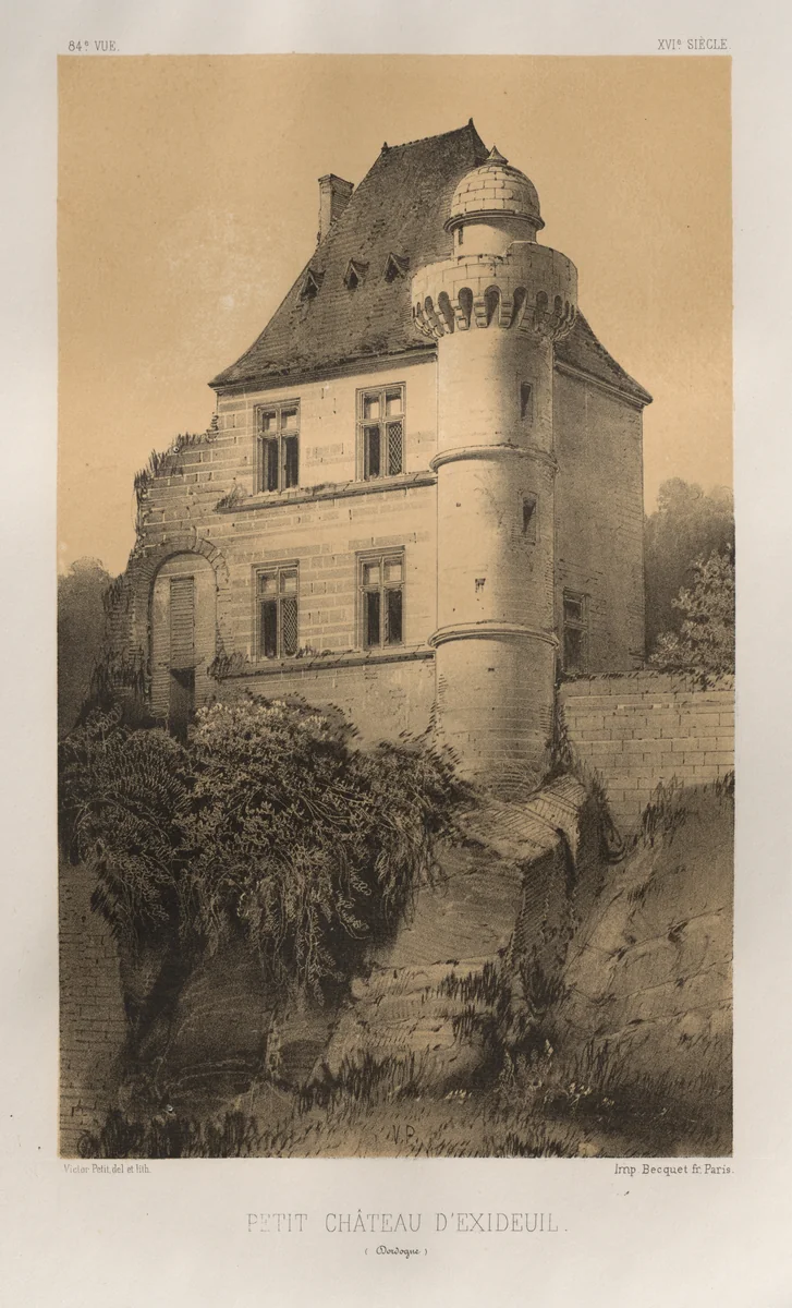 Architecture Pittoresque ou Monuments des XVeme. Et XVIeme. Siecles: Chateaux de France des XV et XVI Siecles: Pl. 84, Petit Château d'Exideuil (Dordogne) by Victor Petit, print, 1860