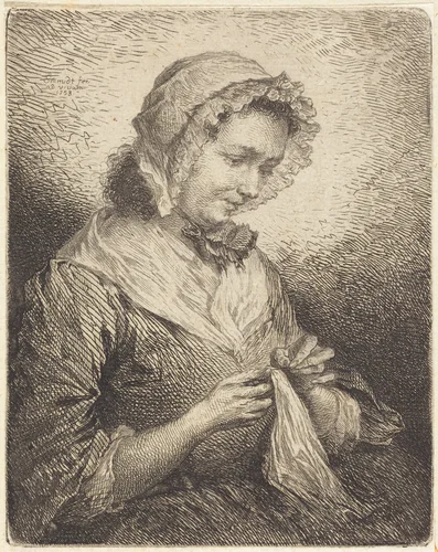 The Artist's Wife Sewing by Georg Friedrich Schmidt, print, 1753