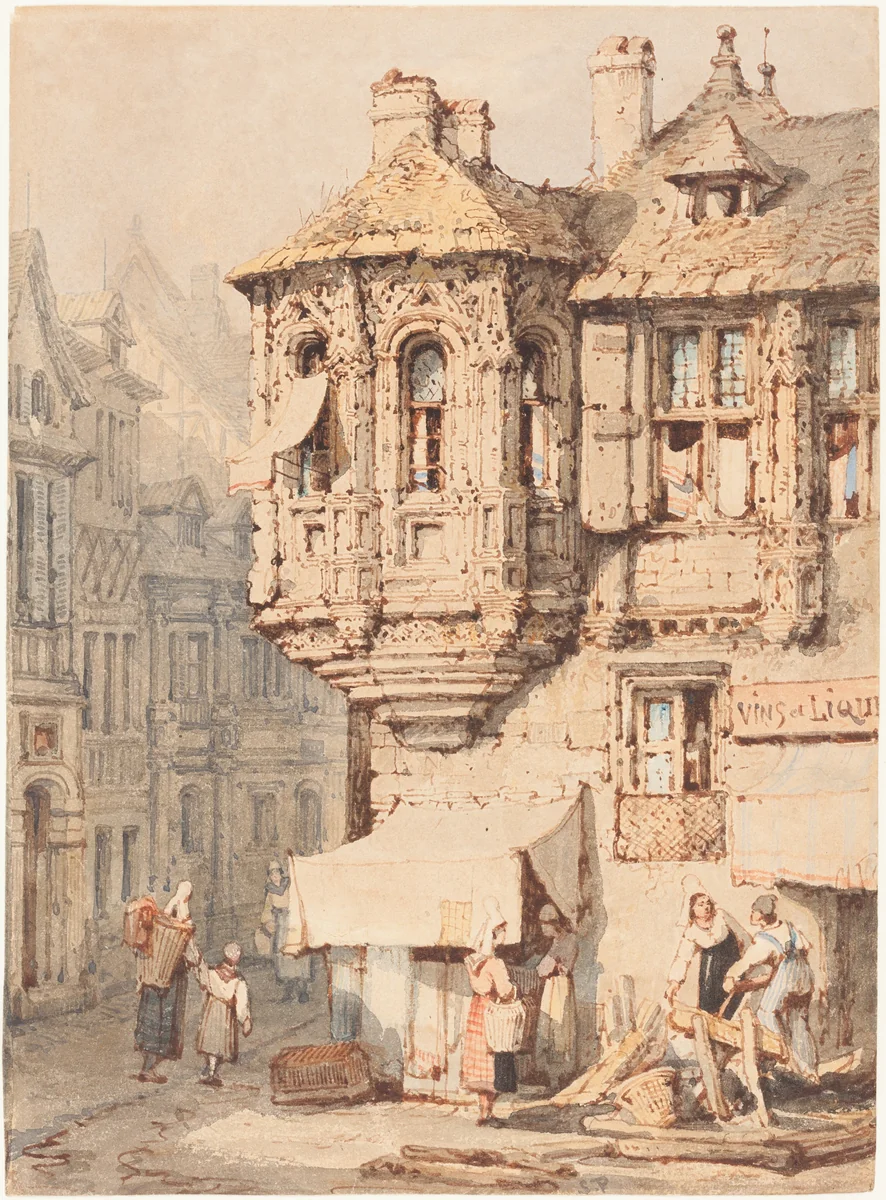 French Street Scene with a Medieval Turret by Samuel Prout, drawing, 1783-1852