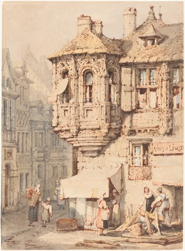 French Street Scene with a Medieval Turret by Samuel Prout, drawing, 1783-1852
