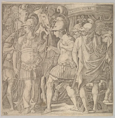 Alexander welcoming Thalestris and the Amazons by Master FG, print, 1525-1575