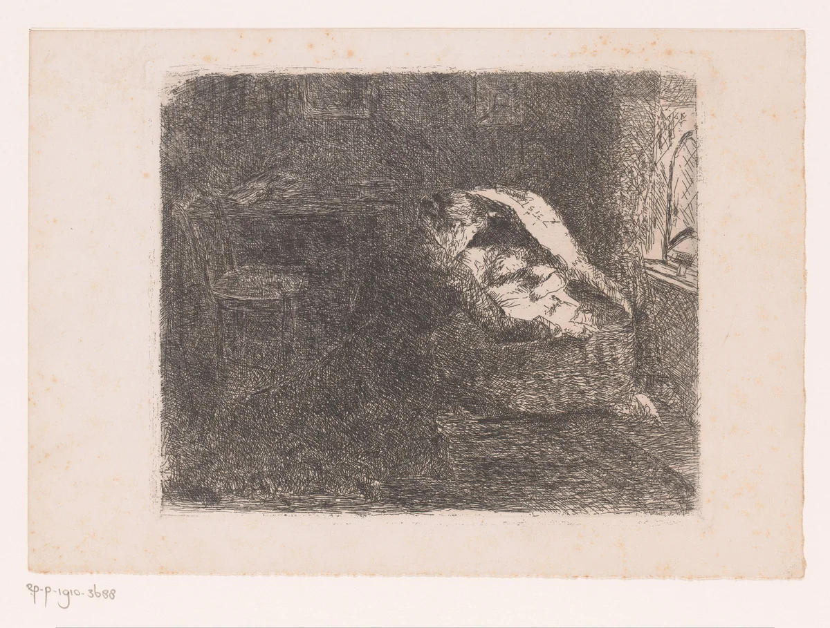 Moeder bij een wieg met baby by Albert Halberstad, print, 1867-1886