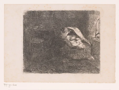 Moeder bij een wieg met baby by Albert Halberstad, print, 1867-1886