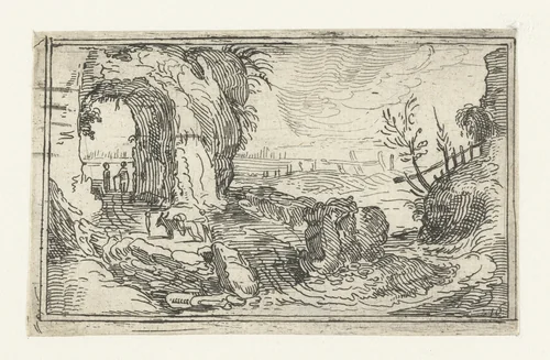 Rotslandschap met pad langs waterval by anonymous, print, 1600-1699