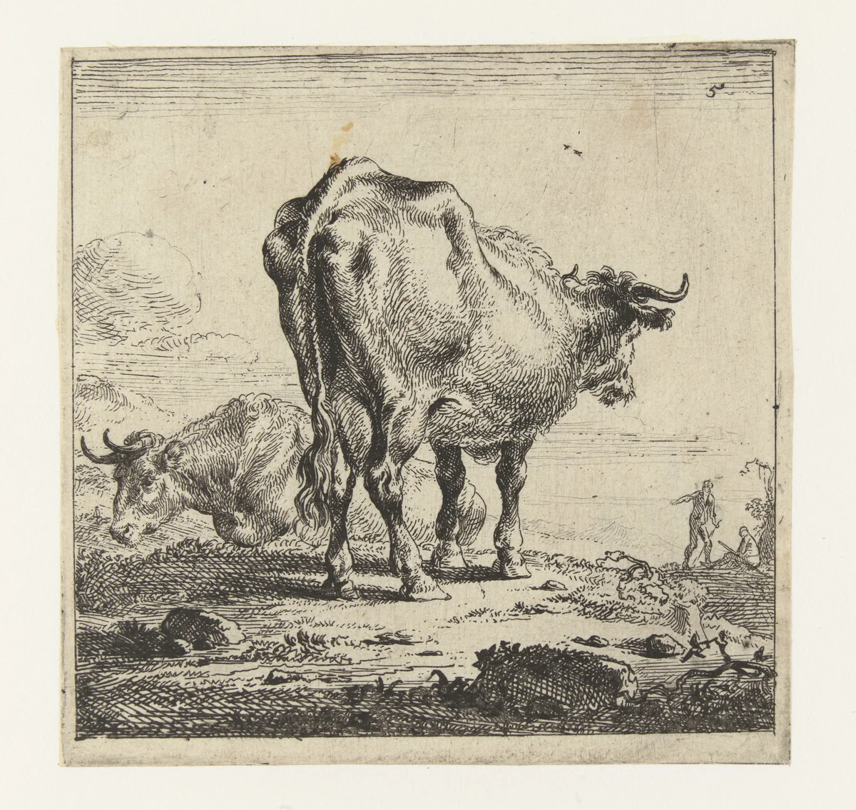 Koe van achteren gezien en koe op een helling by Nicolaes Pietersz Berchem, print, 1644