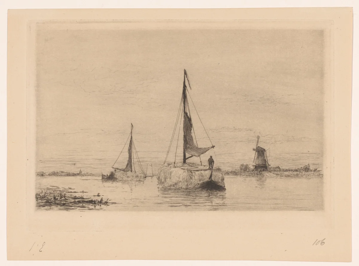 Boten met hooi op de Vecht bij Weesp by Carel Nicolaas Storm van 's-Gravesande, print, 1880