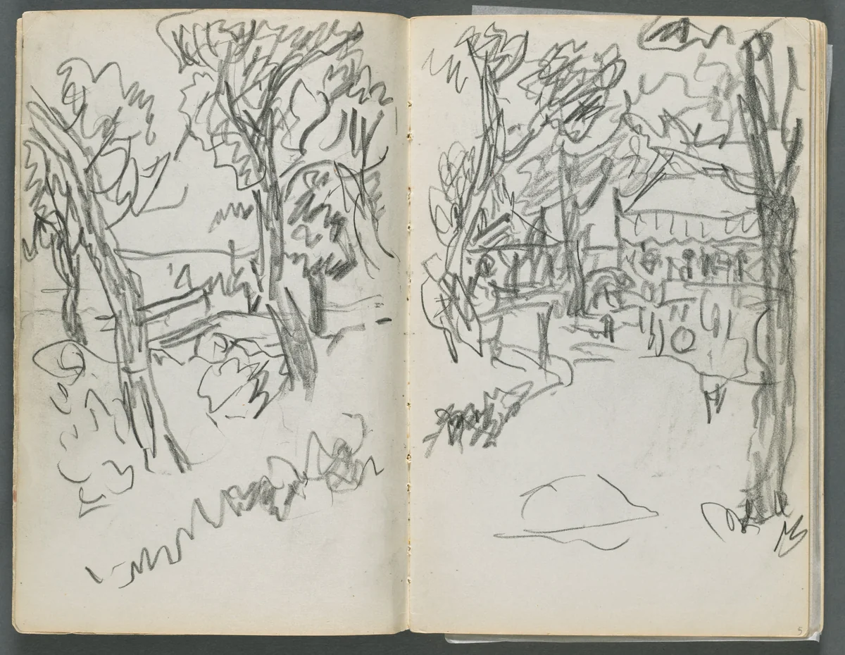 Sketchbook, The Dells, N° 127, page 004& 5: Landscape by Maurice Prendergast, book, 1919-1921