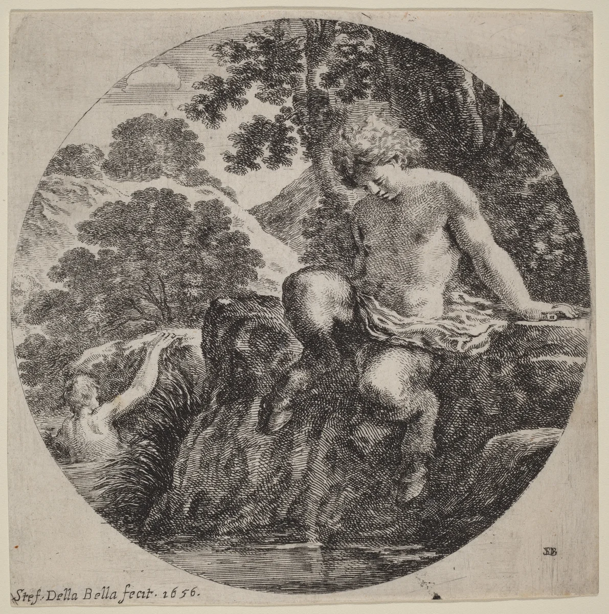 Young Satyr at the Bank of a Stream by Stefano della Bella, print, 1656