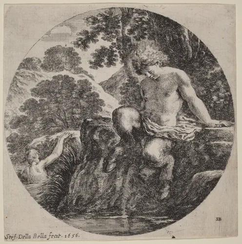 Young Satyr at the Bank of a Stream by Stefano della Bella, print, 1656