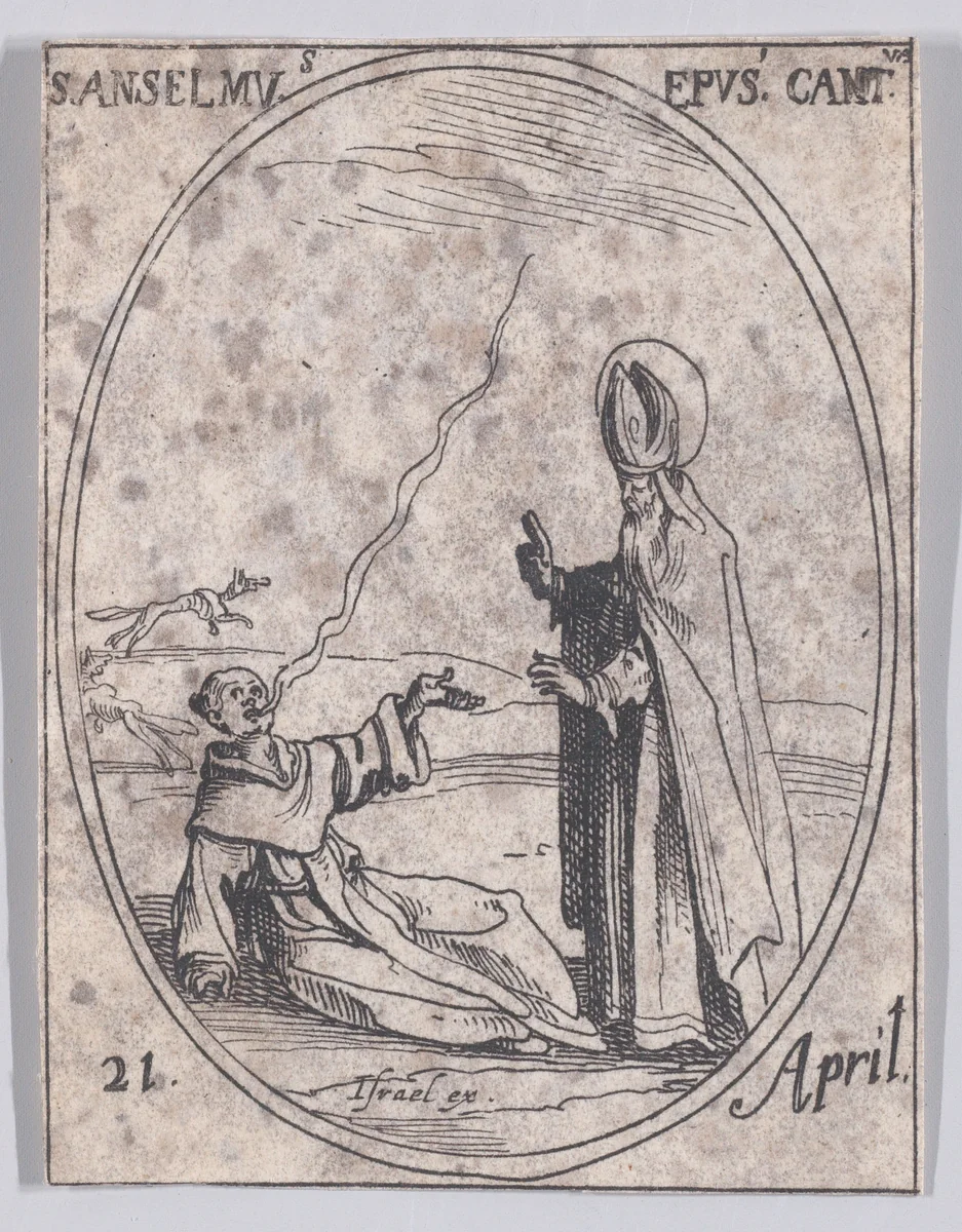 S. Anselme, évêque de Cantorbéry (St. Anslem, Bishop of Canterbury), April 21st, from "Les Images De Tous Les Saincts et Saintes de L'Année" (Images of All of the Saints and Religious Events of the Year) by Jacques Callot, print, 1636