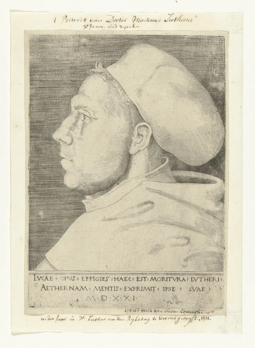 Portret van Martin Luther als Augustijner monnik met doctorshoed by Unknown, print, 1521