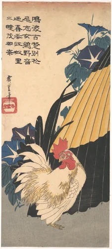 Rooster, Umbrella, and Morning Glories by Utagawa Hiroshige (歌川広重), print, 1820-1840
