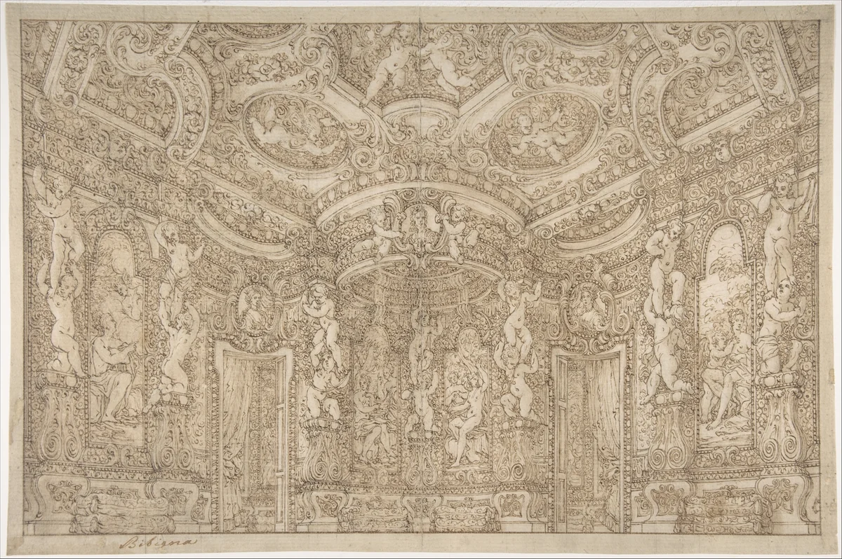 Design for a Stage Set of a Palace Interior Decorated with Putti, Garlands and Three Portrait Medallions by Ferdinando Galli Bibiena, drawing, 1675-1685