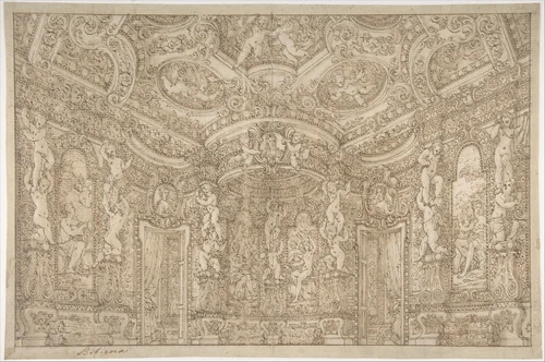 Design for a Stage Set of a Palace Interior Decorated with Putti, Garlands and Three Portrait Medallions by Ferdinando Galli Bibiena, drawing, 1675-1685