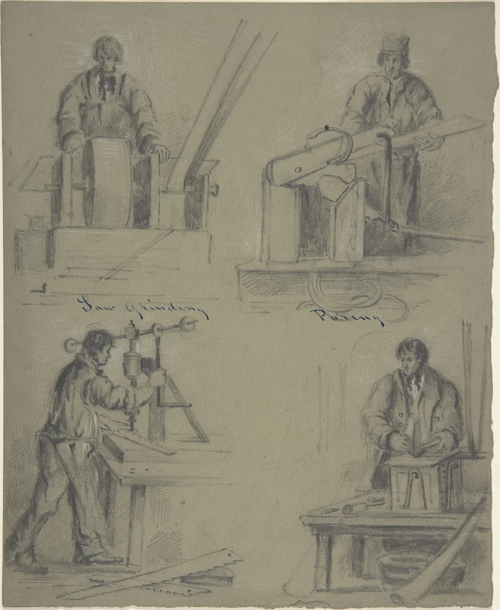 Four drawings showing the manufacture of saws by anonymous, drawing, 1800-1899