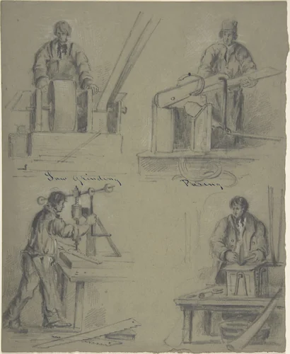 Four drawings showing the manufacture of saws by anonymous, drawing, 1800-1899