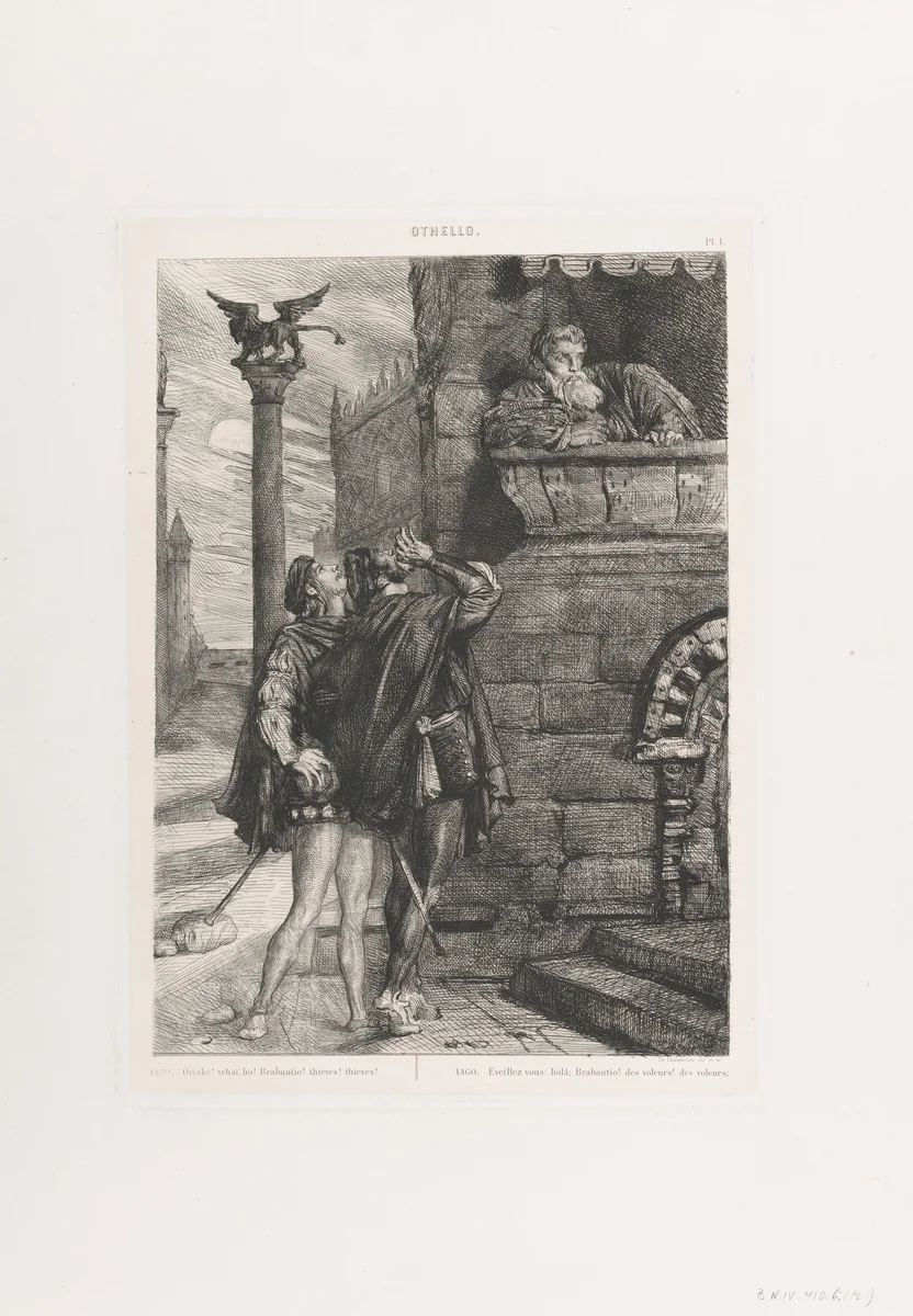 "Owake! what ho! Brabantio! thieves! thieves!": plate 1 from Othello (Act 1, Scene 1) by Théodore Chassériau, print, 1844