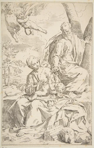 Rest on the flight into Egypt, Mary holding the infant Christ while St. Joseph hands him a fruit by Simone Cantarini, print, 1634-1644