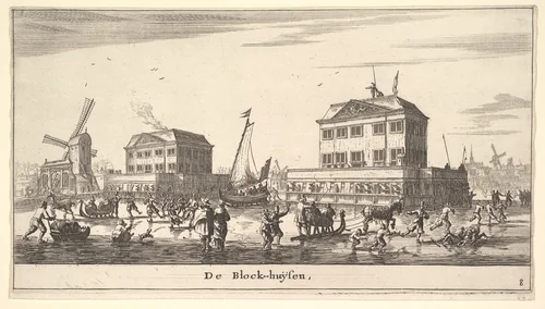 Winter Scene at the Blockhouse in Amsterdam by Reinier Nooms, print, 1635-1670
