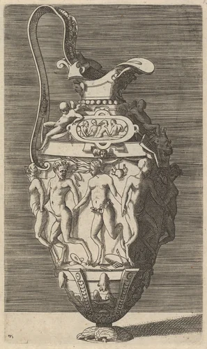 Vase with Dancing Women and Satyrs by René Boyvin, print, 1670-1700