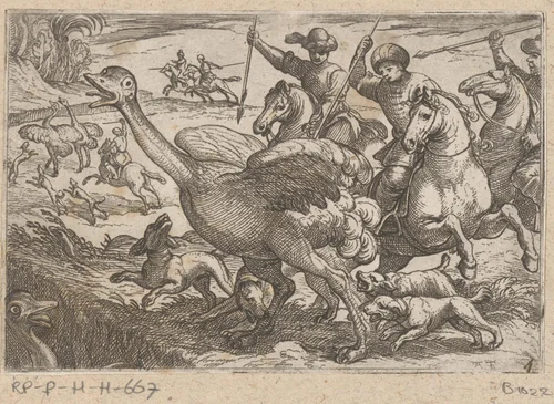 Mannen en honden jagen op een struisvogel by Antonio Tempesta, print, 1595