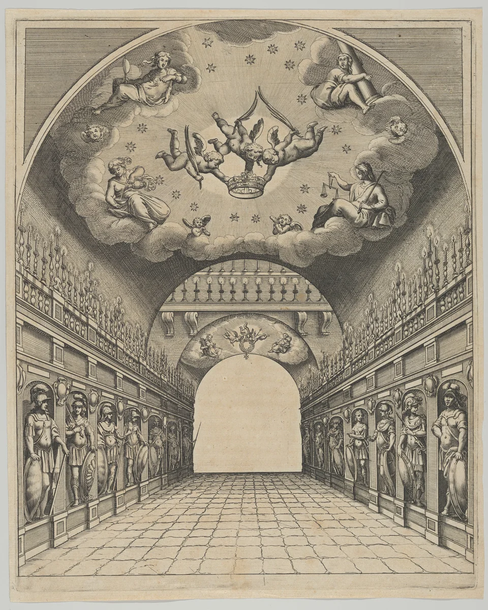 Great hall, from 'Éloges et discours sur la triomphante réception du Roy en sa ville de Paris ...' by Jean-Baptiste de Machault by Melchior Tavernier, print, 1629