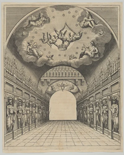 Great hall, from 'Éloges et discours sur la triomphante réception du Roy en sa ville de Paris ...' by Jean-Baptiste de Machault by Melchior Tavernier, print, 1629