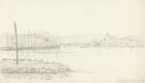Gezicht over het water op een dorpskerkje Lalent-St.Ives by Prosper-Alphonse Isaac, drawing, 1905