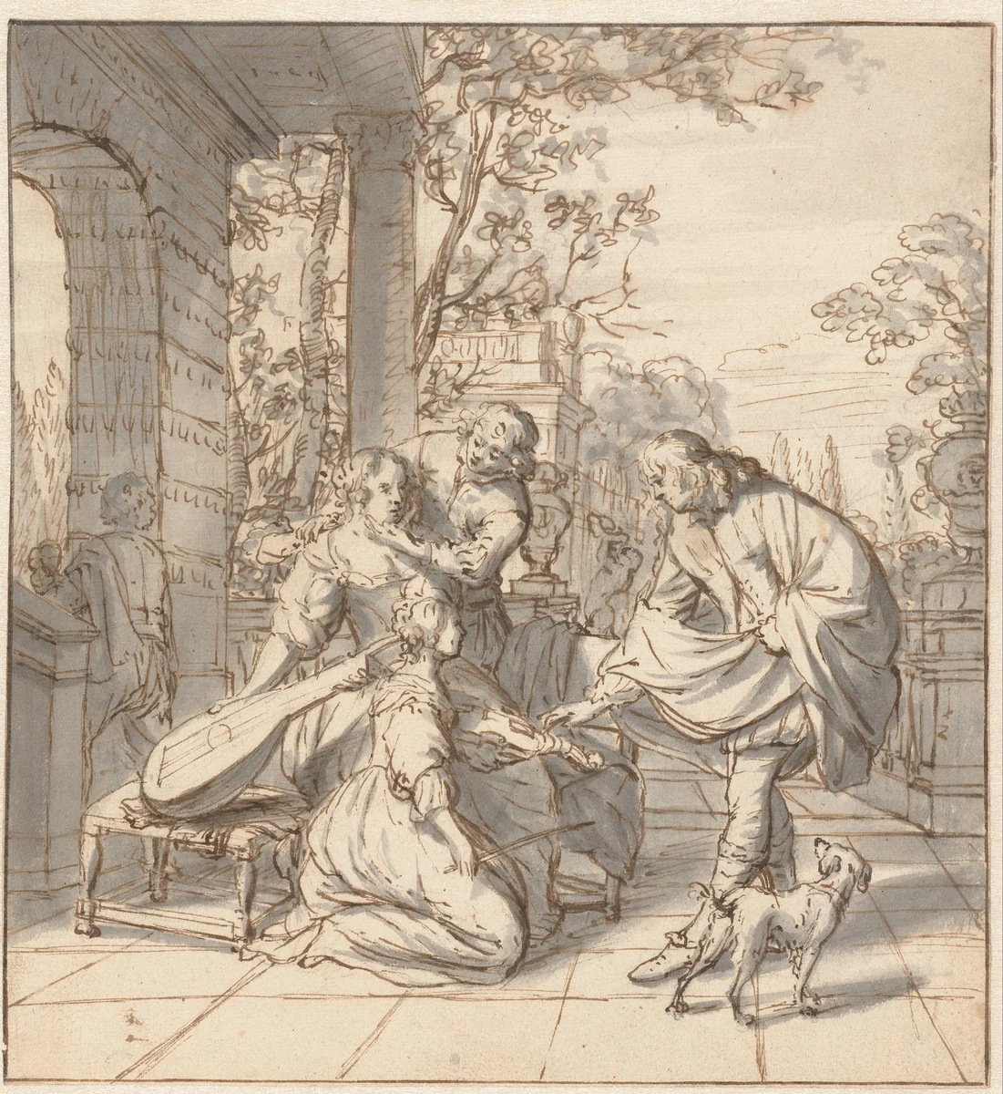 Twee musicerende en liefkozende jonge paren op een terras by Jan Verkolje, drawing, 1660-1693