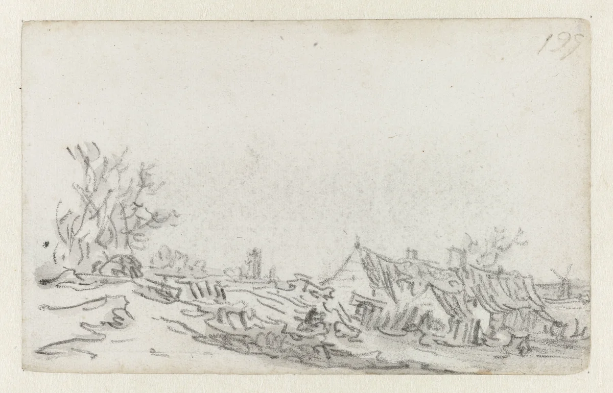 Boerenhuizen onderaan een dijk by Jan van Goyen, drawing, 1650-1651