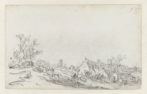 Boerenhuizen onderaan een dijk by Jan van Goyen, drawing, 1650-1651