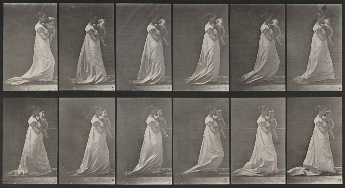 Plate Number 36. Walking and carrying a child on left arm by Eadweard Muybridge, photograph, 1887