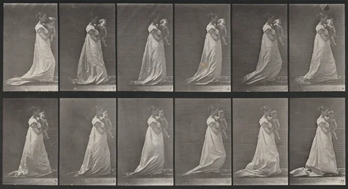 Plate Number 36. Walking and carrying a child on left arm by Eadweard Muybridge, photograph, 1887