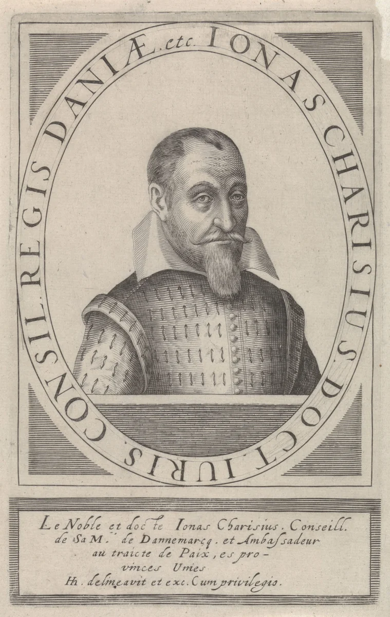 Portret van Jonas Charisius by Hendrick Hondius, print, 1608