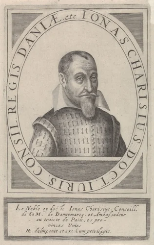 Portret van Jonas Charisius by Hendrick Hondius, print, 1608