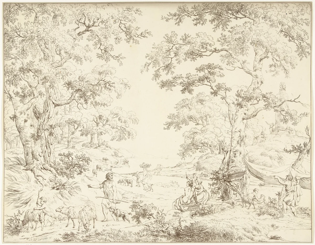 Arcadisch landschap met Janusbeeld by Hermanus Fock, print, 1781-1822