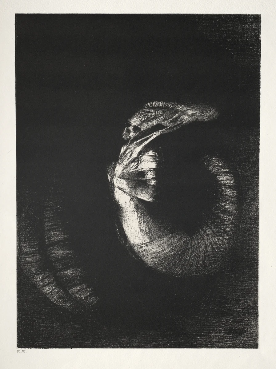 It Is a Skull Wreathed with Roses. It Dominates a Woman's Torso of Pearly Whiteness by Odilon Redon, print, 1888