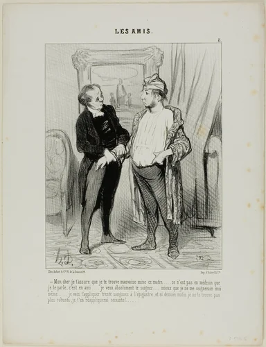 “- My dear friend, you really don't look very well this morning. I am not speaking to you as a doctor, but as a friend. I must insist in treating you.... better than I would treat myself. I am going to apply 30 leeches to your belly and if by tomorrow you have not improved, I'll apply another sixty,” plate 8 from Les Amis by Honoré-Victorin Daumier, print, 1845